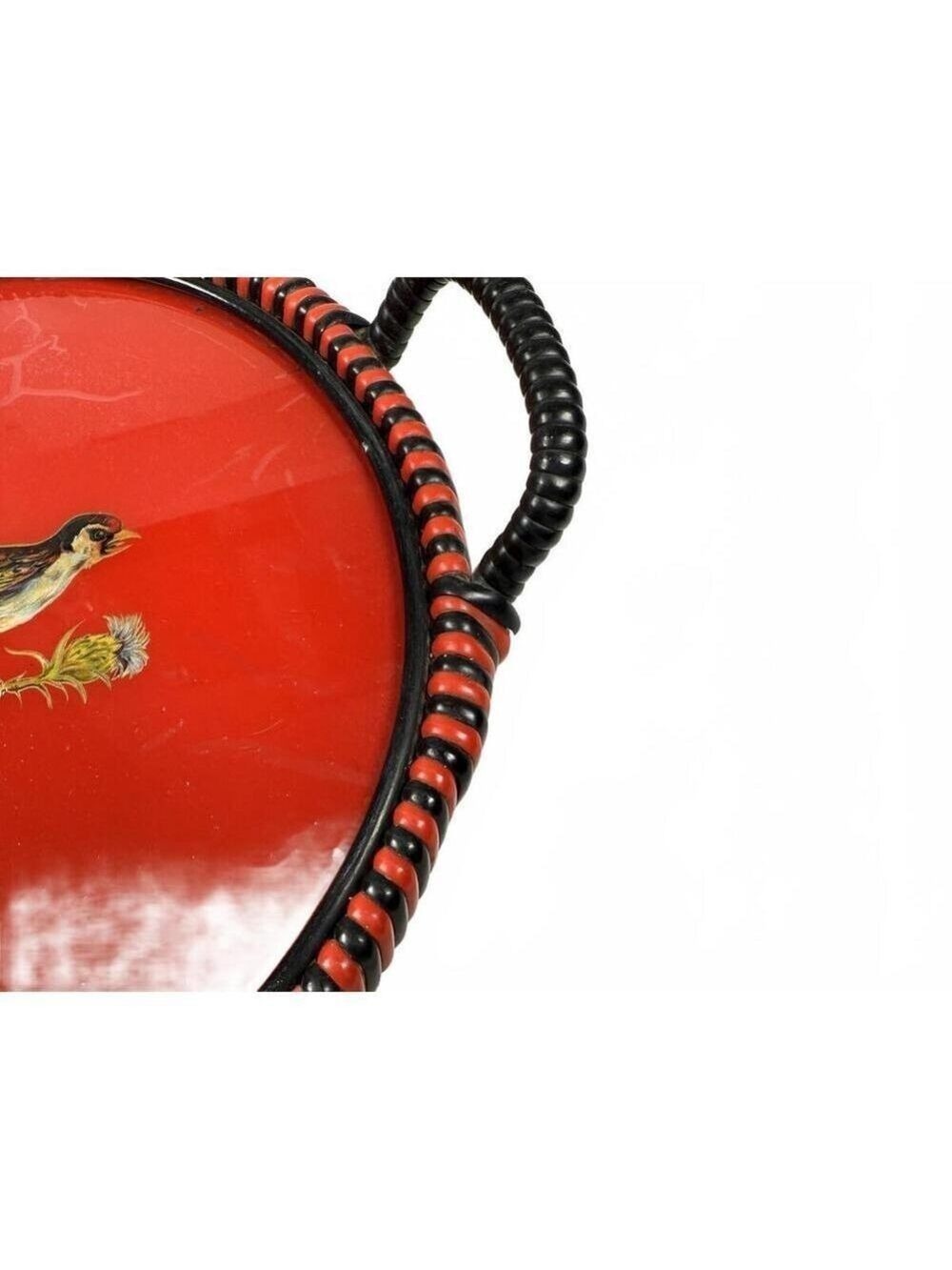 Vintage German US Zone Red Black Celluloid Goldfinch Bird Tray Bobbin Handle - Picture 10 of 13